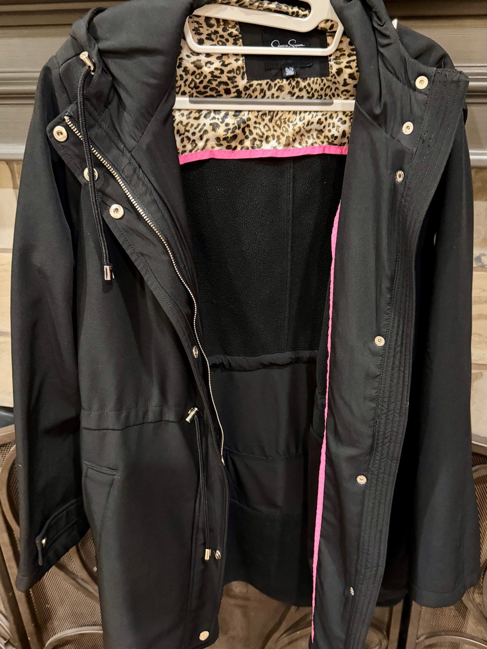 Jessica Simpson Black Trench Coat with Leopard and Pink Accents